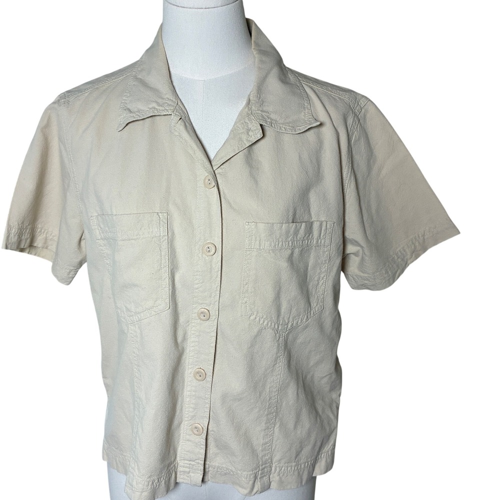 Erika & Co Beige Cotton Utility Camp Shirt Short Sleeve Button Down Petite PM
